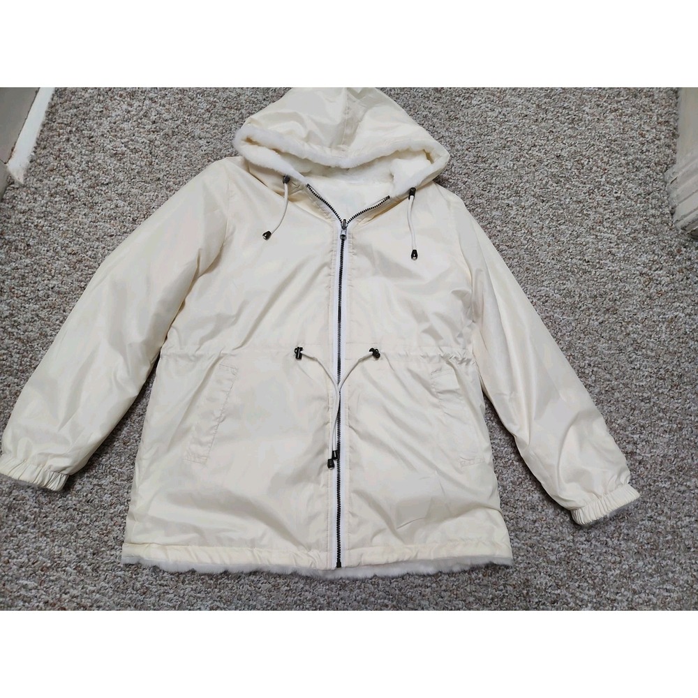 Serbin Sport Faux Fur Reversible Hooded Jacket, Windbreaker Women's Large Cream